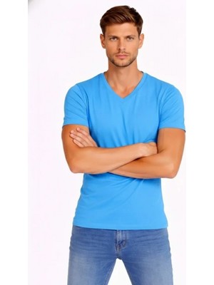 Marsilyan- Erkek T-Shirt V Yaka Slim Fit Dar Kesim Likralı Tişört Günlük Basic Body - Açık Mavi