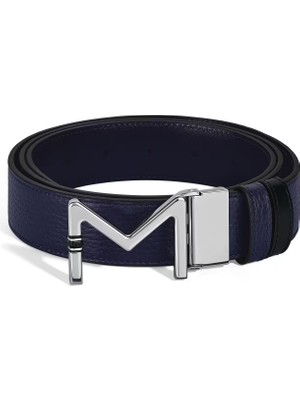 Montblanc Meisterstück Tokalı Mavi - Siyah 35 mm Çift Taraflı Deri Kemer 221094