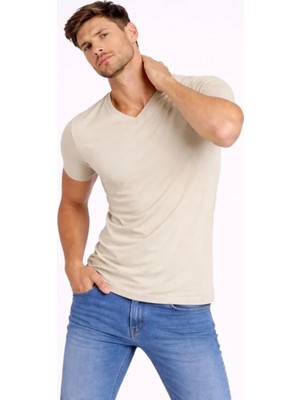 Marsilyan- Erkek T-Shirt V Yaka Slim Fit Dar Kesim Likralı Tişört Günlük Basic Body - Taş