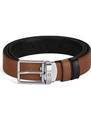 Montblanc Dikdörtgen Tokalı Kızıl Kahve - Siyah 35 mm Çift Taraflı Deri Kemer 221013