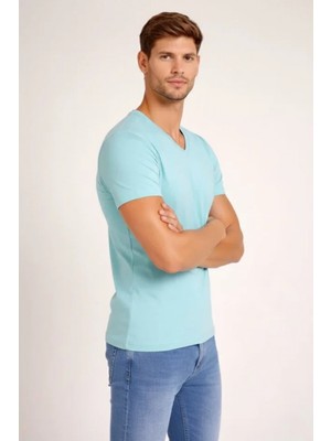 Marsilyan- Erkek T-Shirt V Yaka Slim Fit Dar Kesim Likralı Tişört Günlük Basic Body - Turkuvaz