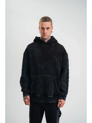 Marsilyan- Unisex Uzun Kol Kapşonlu Yıkamalı Nakışlı Sweatshirt - Siyah