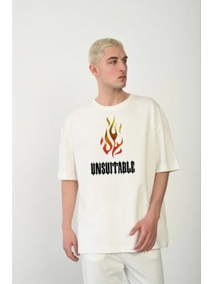 Marsilyan- Unisex Bisiklet Yaka Baskılı Oversize T-Shirt - Beyaz
