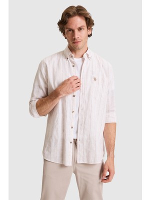 U.S. Polo Assn. Erkek Keten Karışımlı Bej Uzun Kollu Gömlek 50324662-VR011
