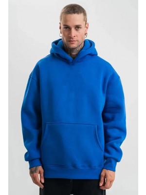 Marsilyan- Erkek Saks Mavi Double Oversize 3 Iplik Pamuklu Kapüşonlu Kanguru Cepli Sweatshirt Hoodie - Saks Mavi