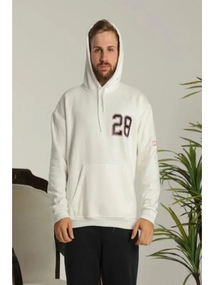 Marsilyan- Erkek Sırt Baskılı Oversize Üç Iplik Kapüşonlu Sweatshirt - Beyaz