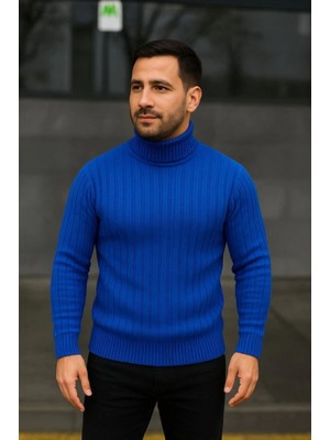 Marsilyan- Erkek Balıkcı Yaka Bağazlı Triko Kazak Pamuklu Kalın Fitilli Dokuma, Regular Fit Uzun Kollu Kışlık Model - Saks Mavisi
