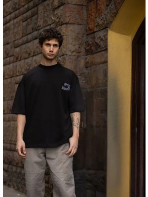 Marsilyan- Unisex Bisiklet Yaka Baskılı Oversize T-Shirt - Siyah