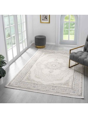 Pera Halı Beyaz Gri Krem Klasik Medallion Desenli Halı - MK12002GRS