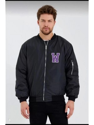 Marsilyan- Unisex Uzun Kol Baskılı Bomber Ceket - Siyah