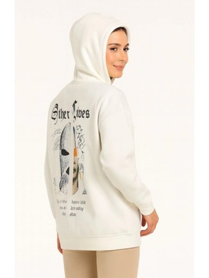 Marsilyan- Üç Iplik Kapşonlu Ön ve Arka Baskılı Sweatshirt Hoodie- Beyaz
