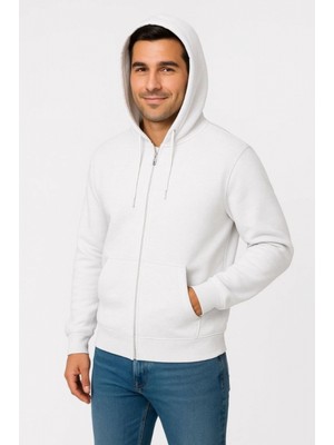 Marsilyan- Erkek Üç Iplik Kapüşonlu Tam Fermuarlı Kanguru Çepli Sweatshirt Hoodie - Beyaz