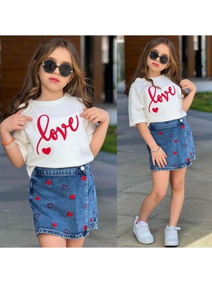 Ay Kids Aykidsclup Kız Çocuk 2’li Takım – Love Baskılı Tişört & Kalp Desenli Kot Şort Etek Şık Yaz Kombini 2675M