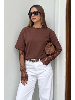 Madmext Acı Kahve Dantel Kollu Basic Tişört MG2808