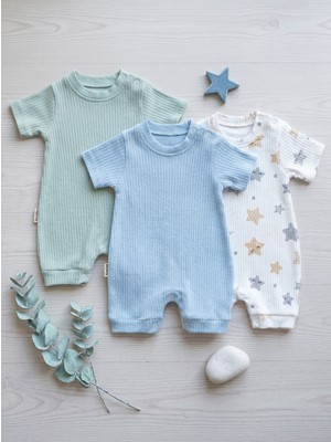 Noone 3'lü Bebek Kısa Tulum Seti | Mint-Mavi-Yıldız | %100 Pamuk Rib | Unisex