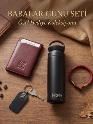 Deer Deri Hakiki Deri El Işçiliği Mekanizmalı Cüzdan Termos Bileklik Anahtarlık Seti Babalar Günü Hediyesi