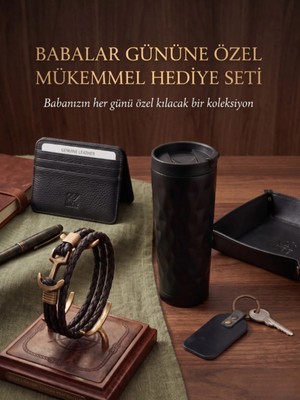 Aten Hakiki Deri El Işçiliği Kartlık Bileklik, Anahtarlık ve Termos Kupa Seti Babalar Günü Hediyesi