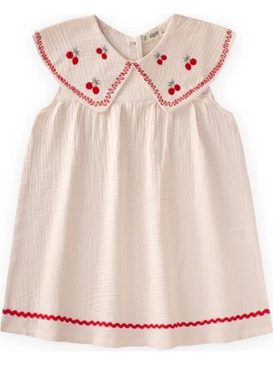 Cigit Müslin Nakışlı Elbise Kız Çocuk 2-5 Yaş Naturel Maxi Stil Özel Olay