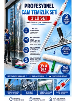Primeaks Profesyonel Cam Temizlik Seti 3 Parça - 3 Metre Uzayan Sap + Peluş Aparat + 35 cm Camsil