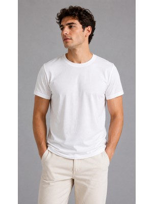 We&me Erkek Beyaz Bisiklet Yaka Basic Tişört %100 Pamuk Günlük Rahat Kesim Yazlık Kısa Kollu T-Shirt