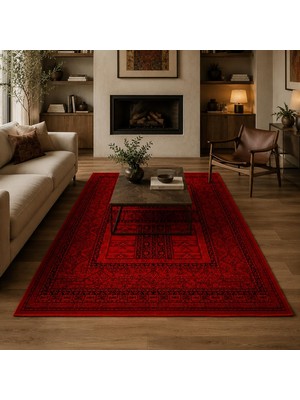 Giza Home Afgan Türkmen Otantik Desenli Dokuma Kırmızı Oturma Odası Salon Mutfak Halısı Yolluk 7456A