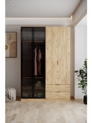 EVDEMO Safir Cam Kapaklı 4 Kapılı 2 Çekmeceli Gardırop 210 cm Atlantik Çam