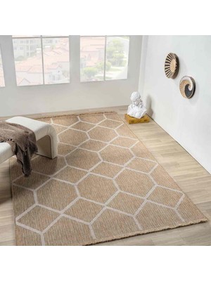 Pera Halı Bej Beyaz Altıgen Geometrik Modern Jüt Görünümlü Halı - L669BIN