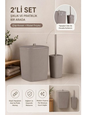 UltraMint Vizon Renkli Wc Fırçalık ve Çöp Kovası Seti, Şık ve Kullanışlı 2'li Banyo Takımı