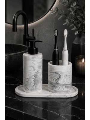 UltraMint 3 Parça Mermer Desenli Banyo Seti, Sıvı Sabunluk, Diş Fırçalık ve Sunum Tepsisi