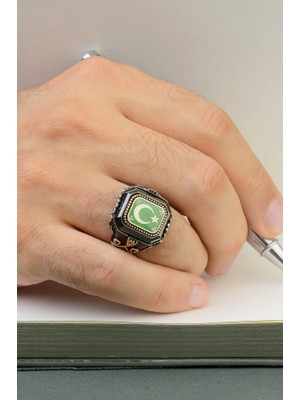 Innuendo Jewelry 925 Ayar Gümüş Yeşil Zeminli Ay Yıldız Işlemeli Erkek Yüzük