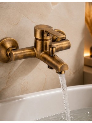 İsaoğlu Yapı Antik Gold Banyo Bataryası Pirinç Malzeme Eskitme Gold Banyo Duş Armatürü