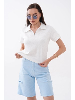 Mega Life Yarım Fermuarlı Taşlı Kristal Kısa Kol T-Shirt