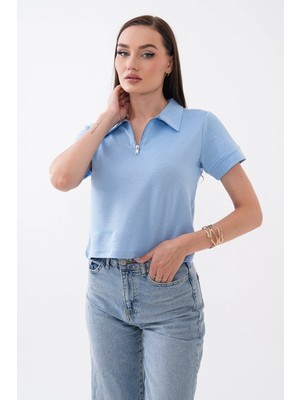 Mega Life Yarım Fermuarlı Taşlı Kristal Kısa Kol T-Shirt