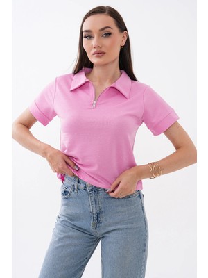 Mega Life Yarım Fermuarlı Taşlı Kristal Kısa Kol T-Shirt