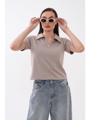 Mega Life Yarım Fermuarlı Taşlı Kristal Kısa Kol T-Shirt