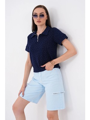 Mega Life Yarım Fermuarlı Taşlı Kristal Kısa Kol T-Shirt