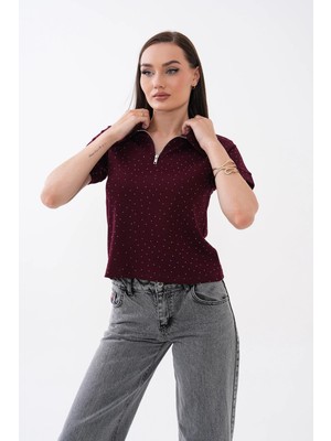 Mega Life Yarım Fermuarlı Taşlı Kristal Kısa Kol T-Shirt