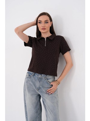 Mega Life Yarım Fermuarlı Taşlı Kristal Kısa Kol T-Shirt
