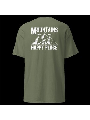Mountains Are My Happy Place Dağcı Doğa Kamp Baskılı Unisex Pamuklu Tişört