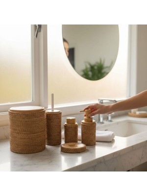 UltraMint Jüt Kaplama 5 Parça Banyo Seti, Çöp Kovası, Sabunluk, Diş Fırçalık, Natural