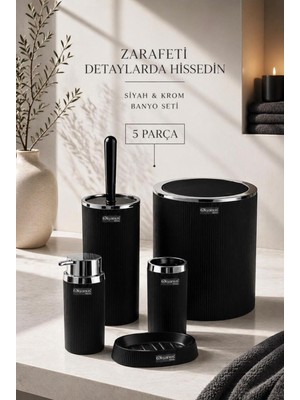 UltraMint Krom Yuvarlak Çizgili 5'li Banyo Seti, Şık ve Kullanışlı Tasarım