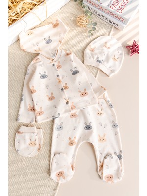Babymod %100 Pamuk Tavşan Desenli 5'li Kız Erkek Bebek Hastane Çıkışı Bebek Takımı
