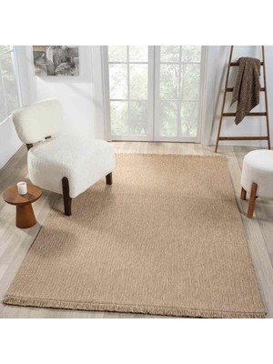 Pera Halı Bej Kahve Hasır Dokulu Modern Saçaklı Halı - L670BJIN