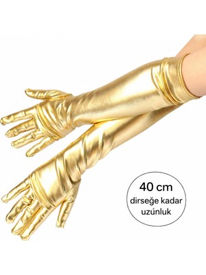 Marsilyan Altın Renk Dirsek Altı Lüks Saten Eldiven 40 cm (4887)