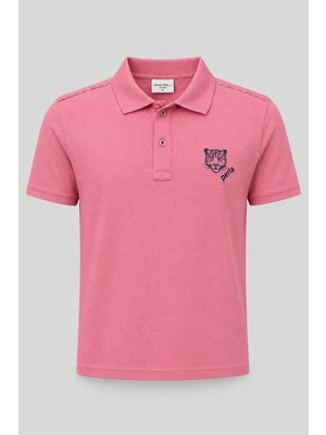 Piero Perla Kontür Jaguar Nakış Detaylı Slim Fit Erkek Polo Yaka Gül Kurusu T-Shirt