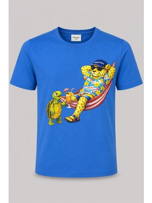 Piero Perla Jaguar Baskı Detaylı Bisiklet Yaka Regular Fit Erkek Mavi T-Shirt