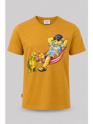 Piero Perla Jaguar Baskı Detaylı Bisiklet Yaka Regular Fit Erkek Hardal T-Shirt