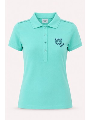Piero Perla Kontür Jaguar Nakış Detaylı Slim Fit Kadın Açık Yeşil Polo Yaka T-Shirt
