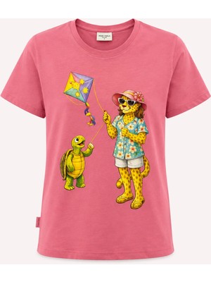 Piero Perla Jaguar Baskı Detaylı Bisiklet Yaka Slim Fit Kadın Pembe T-Shirt