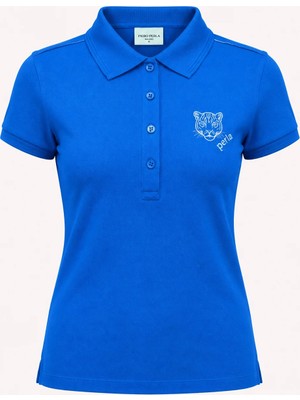 Piero Perla Kontür Jaguar Nakış Detaylı Slim Fit Kadın Mavi Polo Yaka T-Shirt